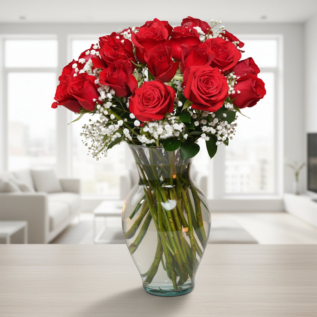 18 red roses in vase to Colombia