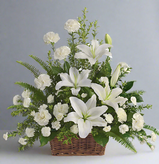 White Sympathy Basket with Lilies, Carnations & Greenery – Medellín Delivery