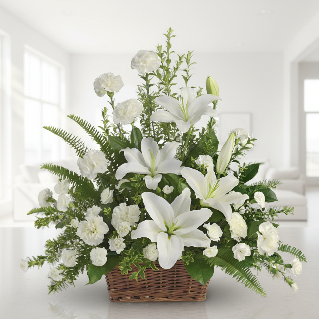 White Sympathy Basket with Lilies, Carnations & Greenery – Medellín Delivery