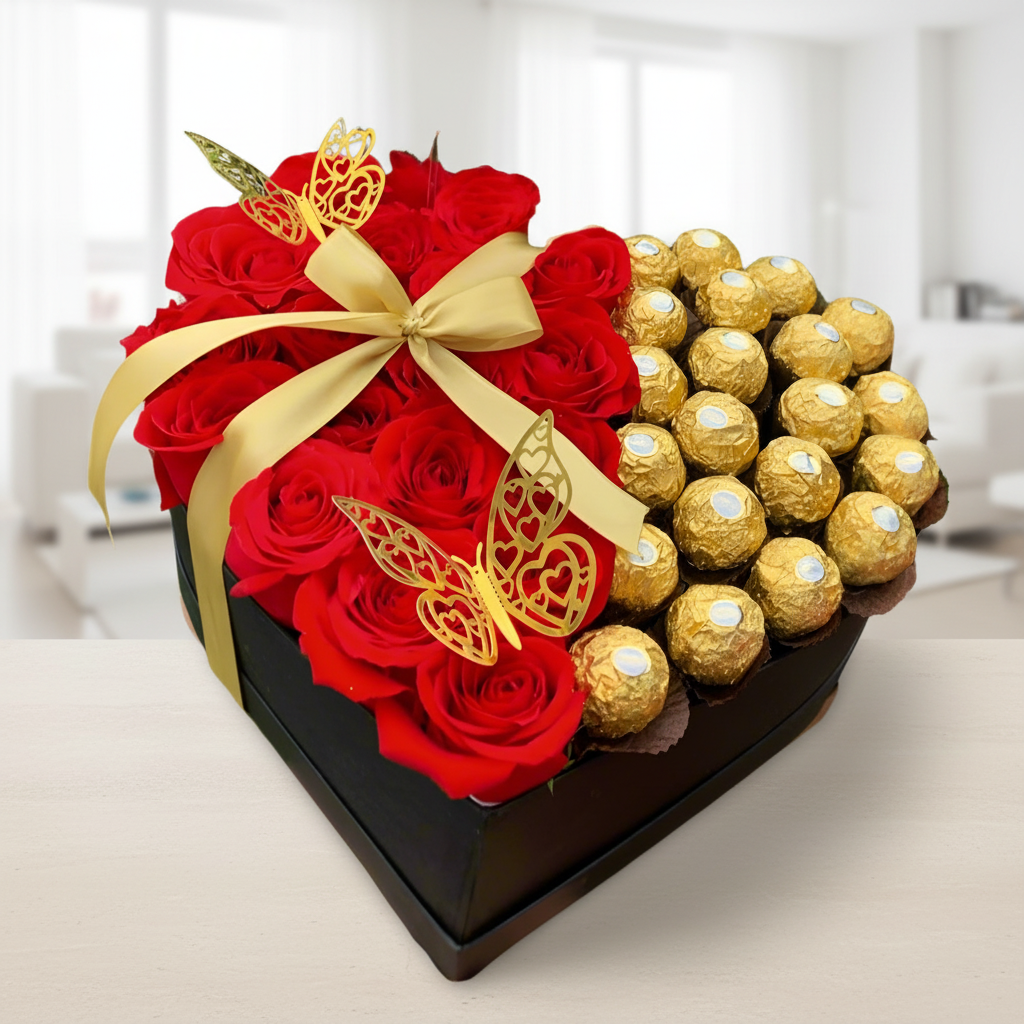 Heart-shaped box with red roses and Ferrero Rocher chocolates, gold ribbon and butterflies – Acacías, Meta