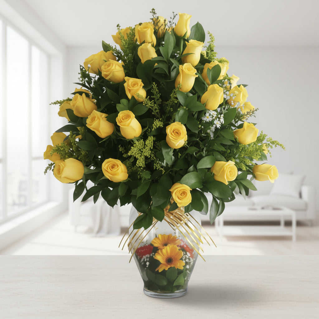 Four Dozen Yellow Roses Arrangement in Glass Vase – Pereira