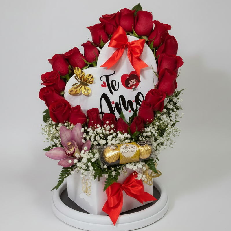 Heart-Shaped Red Roses Box with Ferrero Rocher – Romantic Flower Delivery in Bucaramanga