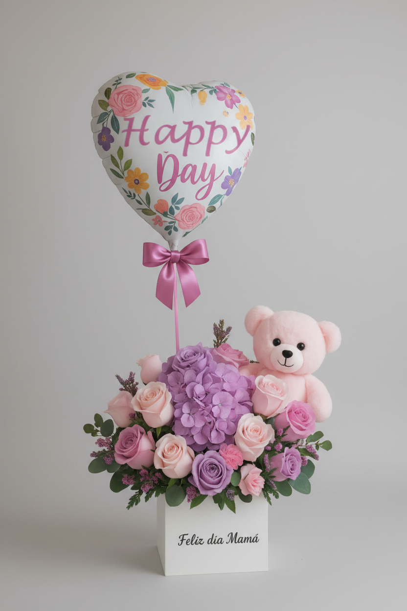 Mother’s Day Flower Box with Roses, Teddy Bear & Balloon – Cali Colombia