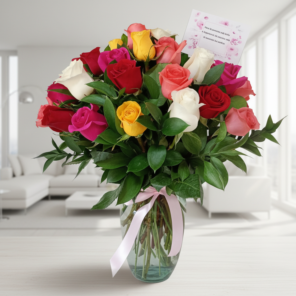 Mixed Color Roses in Glass Vase - Flower Delivery Across Colombia