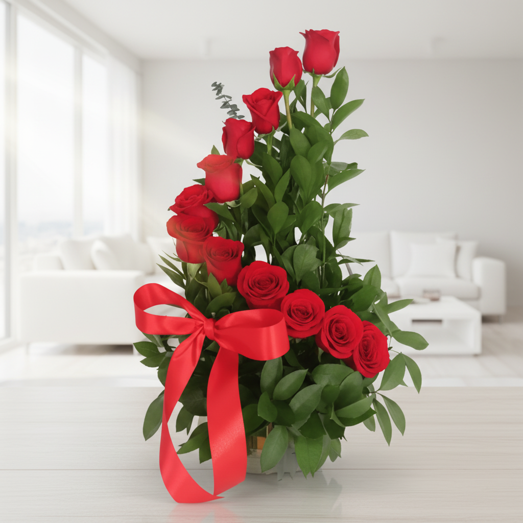 Spiral design arrangement with twelve red roses in a glass vase and fine greenery for delivery in Pereira