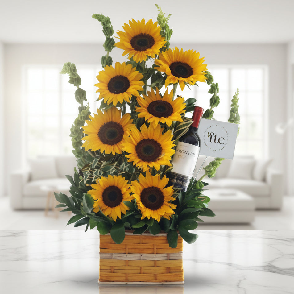 Elegant sunflower bouquet with a bottle of wine – perfect gift for men, available for delivery in Cali, Colombia.