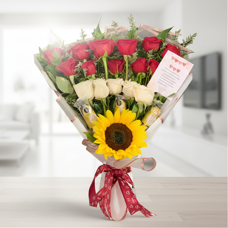 Sunflower, Red and White Roses Bouquet with Ferrero and Card – Hato Corozal Casanare