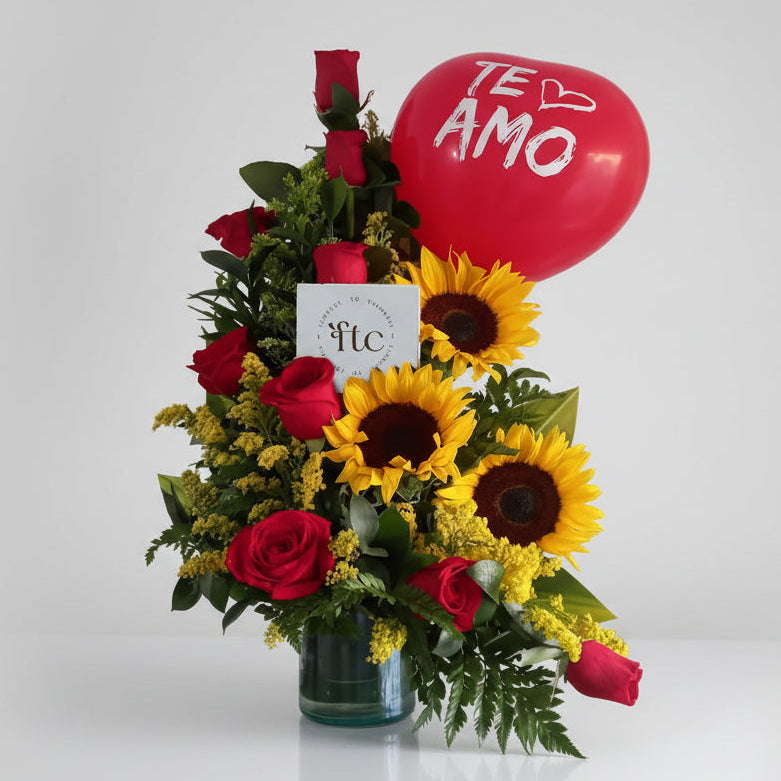 Sunflowers and red roses arrangement with heart balloon for delivery in Cartagena, Colombia