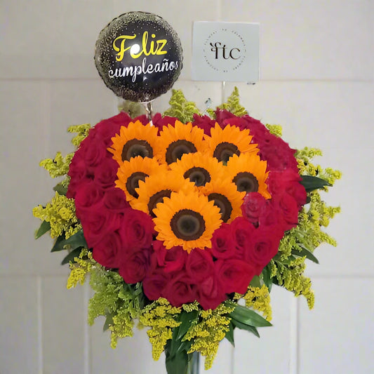 Heart-Shaped Flower Arrangement with Red Roses & Sunflowers – Same Day Delivery in Armenia