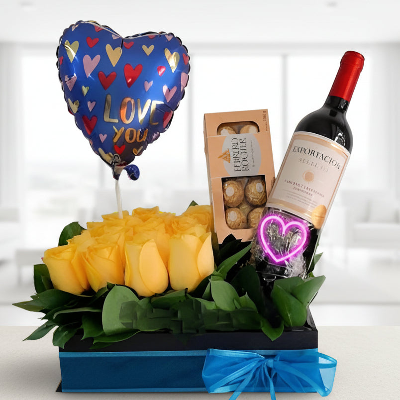 Gift delivery of yellow roses and wine in Bogotá, Medellín, Pereira, Cúcuta, Valledupar