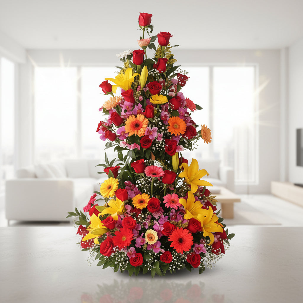 Elegant Two-Tier Floral Arrangement with Lilies, Gerberas & Red Roses – Pereira