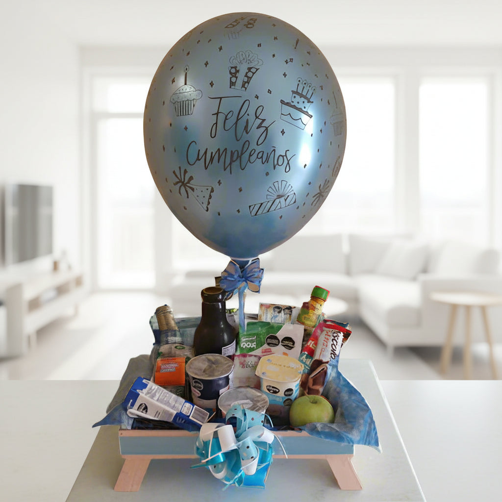 Premium birthday breakfast gift tray with balloon, omelet, pastries, and gourmet snacks for delivery in Cali and Bogotá