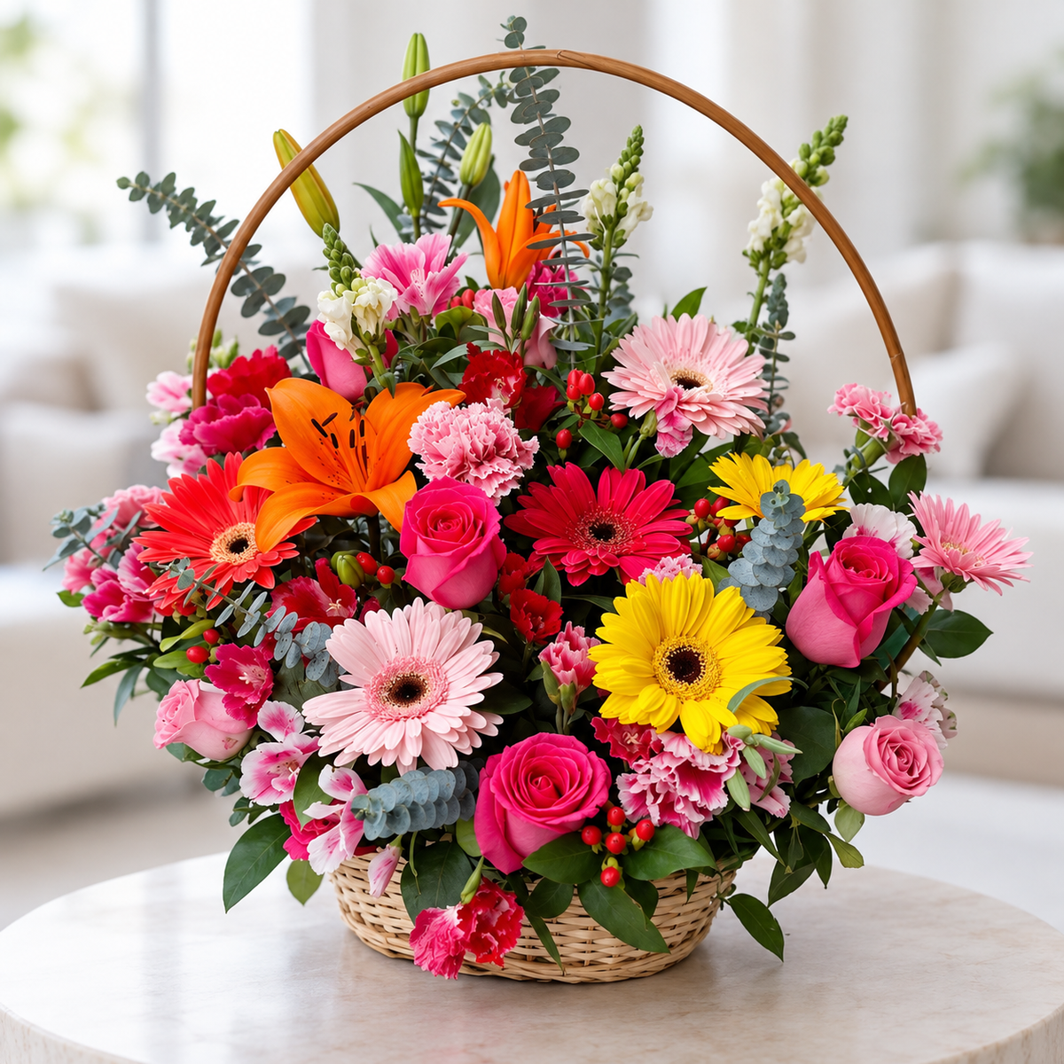 Colorful mixed flower basket with pink roses, orange lilies, gerbera daisies, carnations and eucalyptus for flower delivery in Manizales, Colombia.