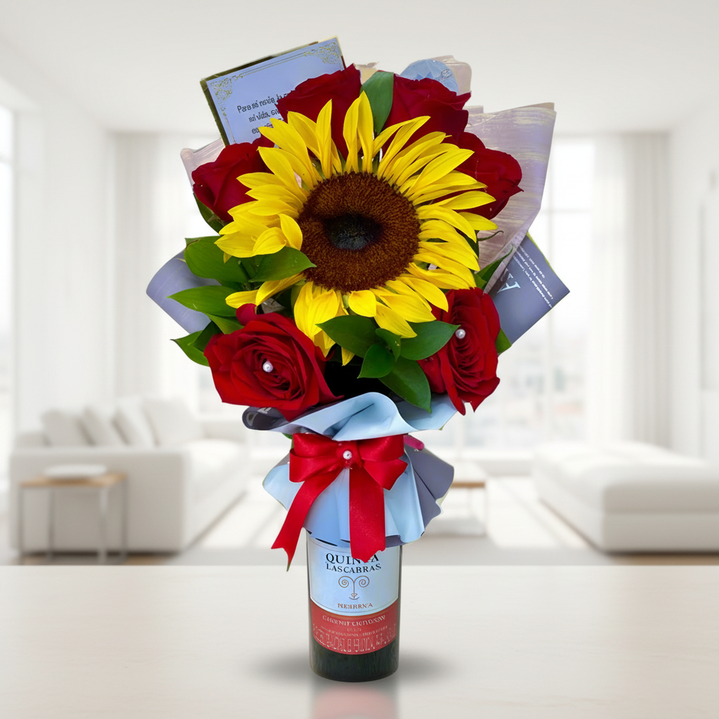 Bouquet of red roses and yellow sunflowers with a bottle of wine in a store setting, Arboletes Antioquia