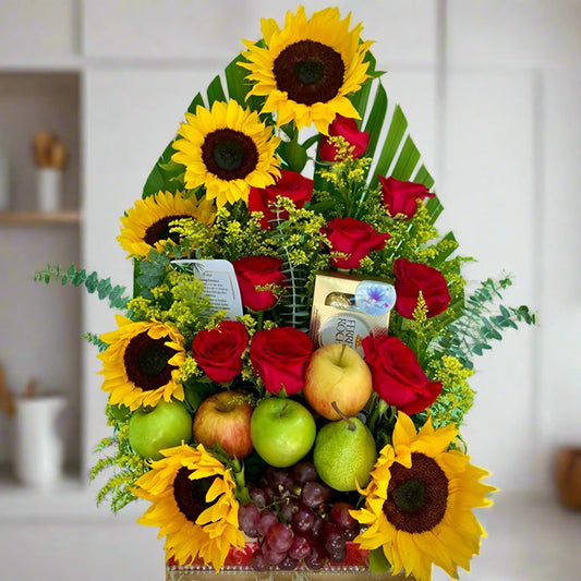 Sunflowers, Roses, Fruits & Chocolates Gift Basket – Arboletes Delivery
