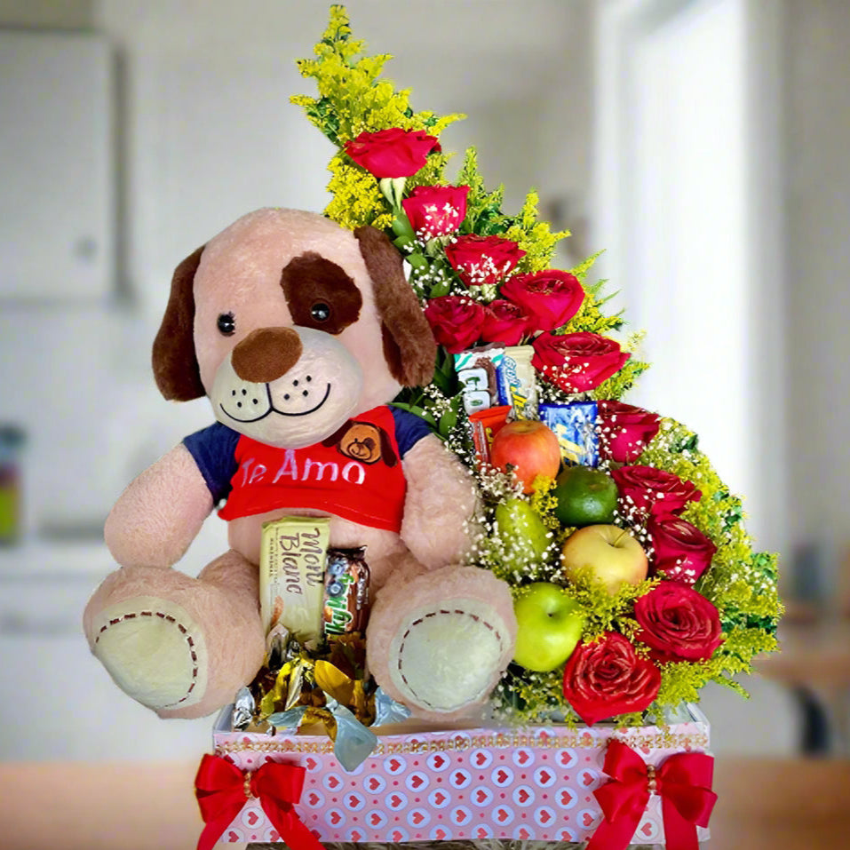 Wooden gift box with 12 red roses, fruits, assorted chocolates, and a medium plush dog – delivery in Arboletes, Antioquia