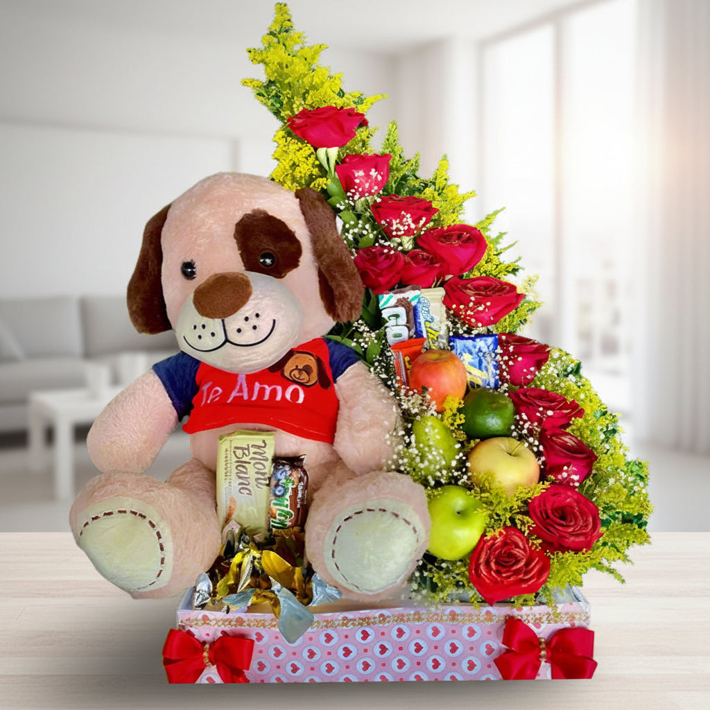 Wooden gift box with 12 red roses, fruits, assorted chocolates, and a medium plush dog – delivery in Arboletes, Antioquia