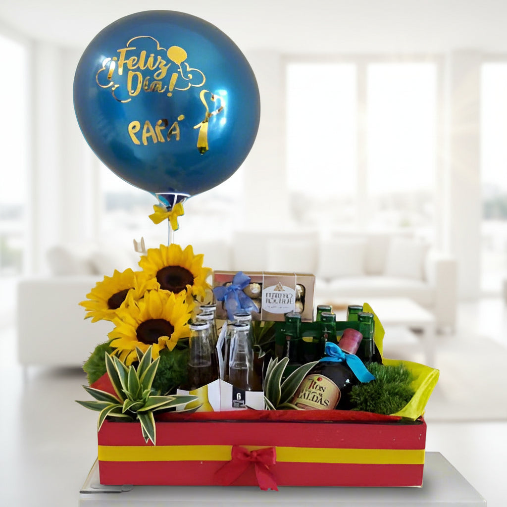Father’s Day gift box with balloon, rum, beers, chocolates, sunflowers and greenery for delivery in Cali and Bogotá