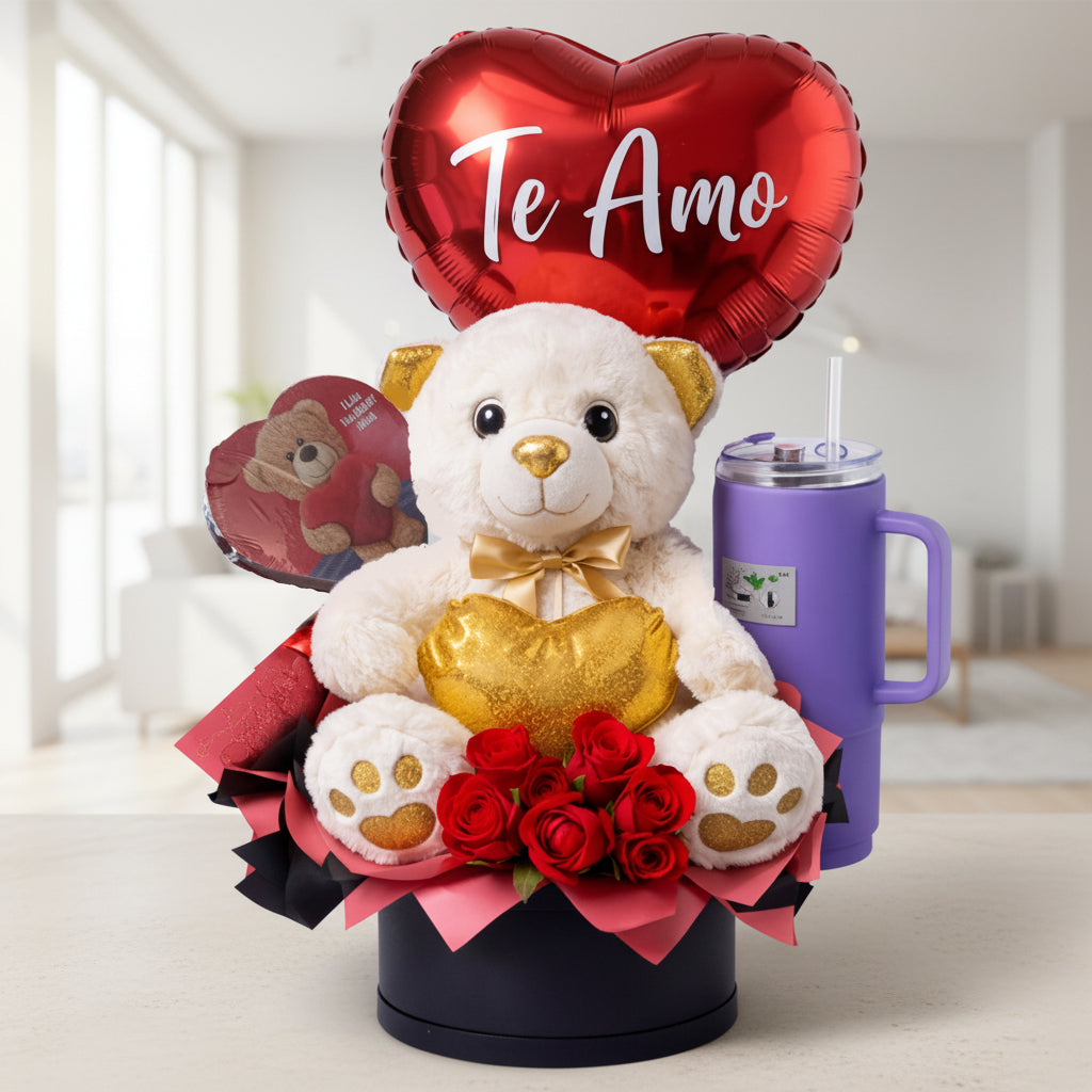 Romantic gift box with teddy bear, red roses, heart chocolates, love balloon, and reusable tumbler cup, Medellín gift delivery.