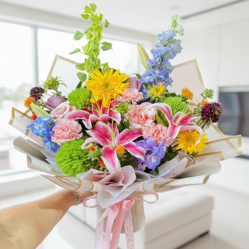 Luxury butterfly-style mixed flower bouquet with lilies, roses and colorful premium flowers for delivery in Rionegro, Marinilla, Llano Grande, La Ceja and El Carmen de Viboral Antioquia Colombia
