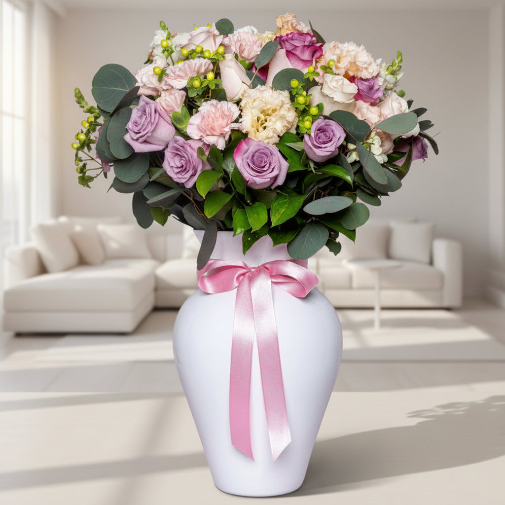 Modern pastel rose bouquet with green anthurium and seasonal flowers wrapped in premium paper in Medellín