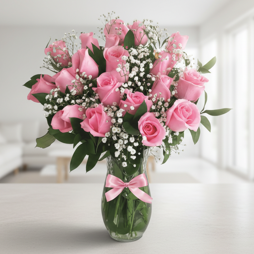 Elegant arrangement of pink roses with baby’s breath and fresh greenery in a glass vase, ideal for flower delivery in Bucaramanga, Colombia.