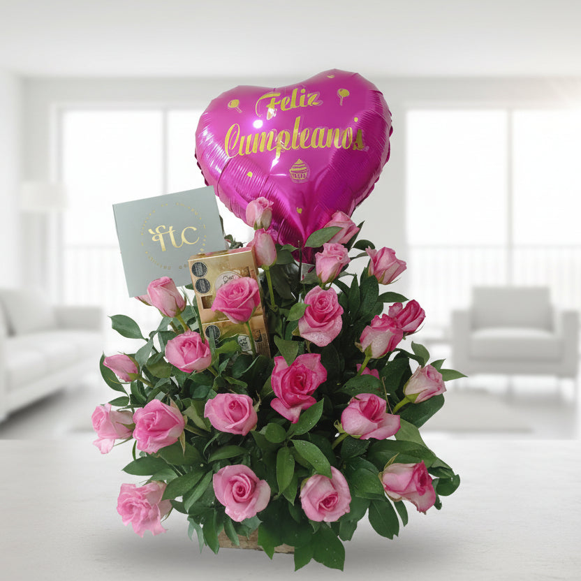 pink roses birthday flower arrangement with balloon and chocolates flower delivery cucuta colombia