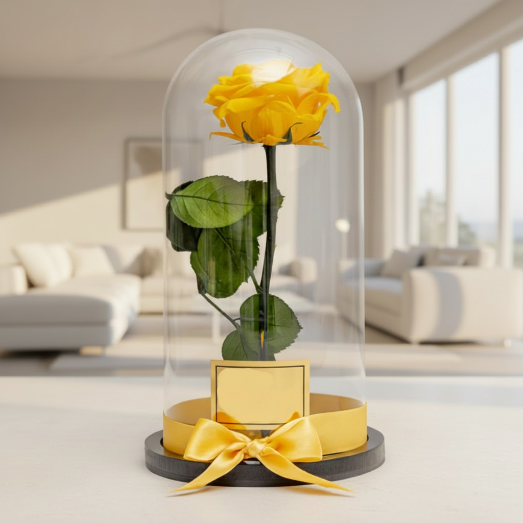 preserved yellow rose glass dome luxury flower delivery Medellin Bogota Cali Colombia