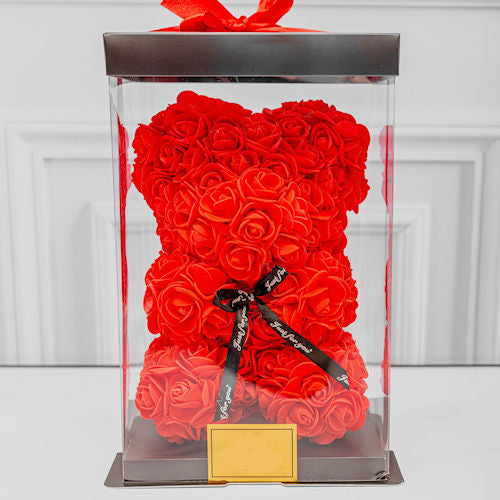 red rose teddy bear in an elegant gift box, available in Medellín