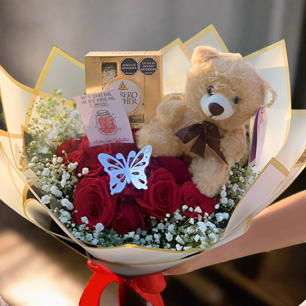 Red Roses Bouquet with Teddy Bear, Ferrero & Butterfly – Hato Corozal Casanare