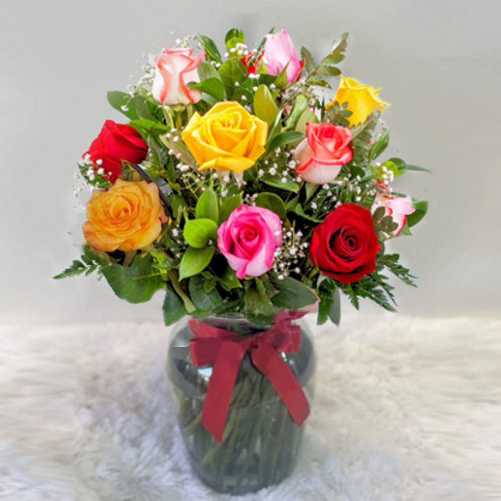 Mixed Color Roses in Glass Vase - Flower Delivery Across Colombia