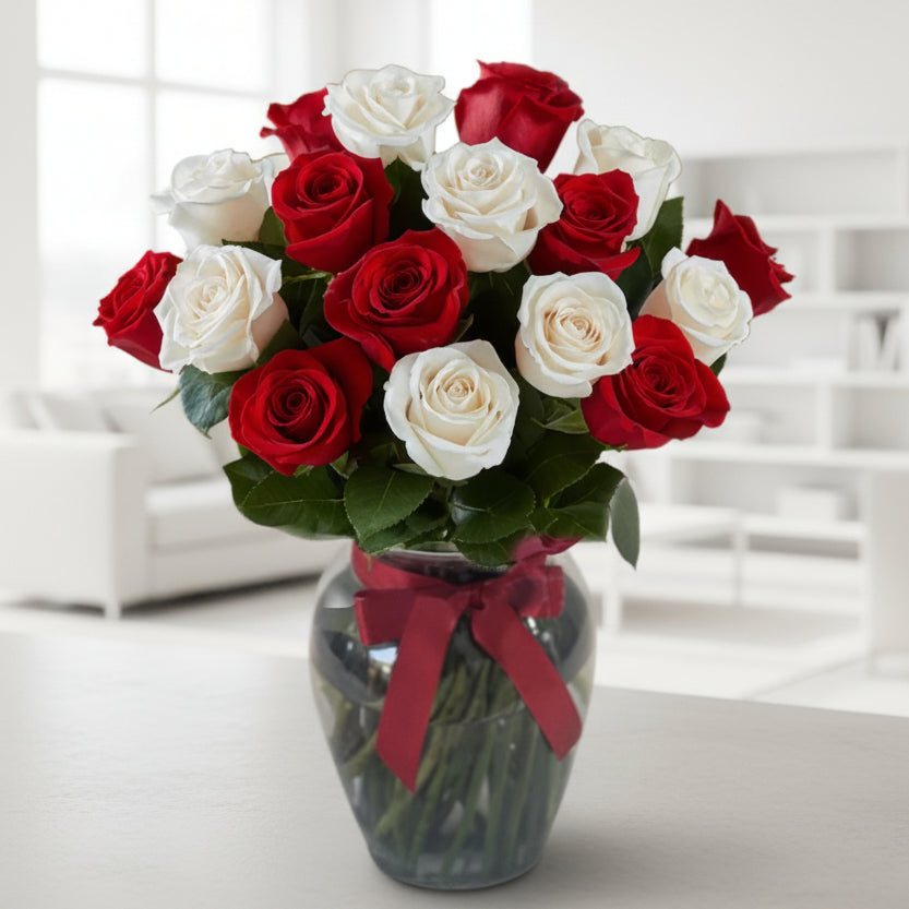 12 Red and White Roses in a Glass Vase