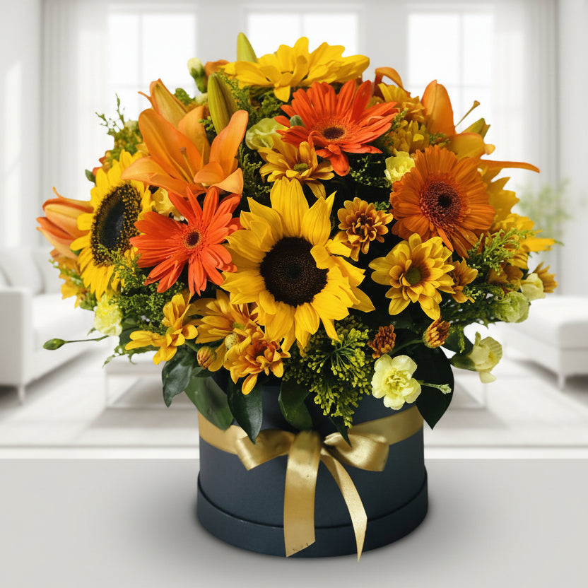 Beautiful round box with sunflowers, lilies, daisies, gerberas, carnations, and pompoms with a decorative bow