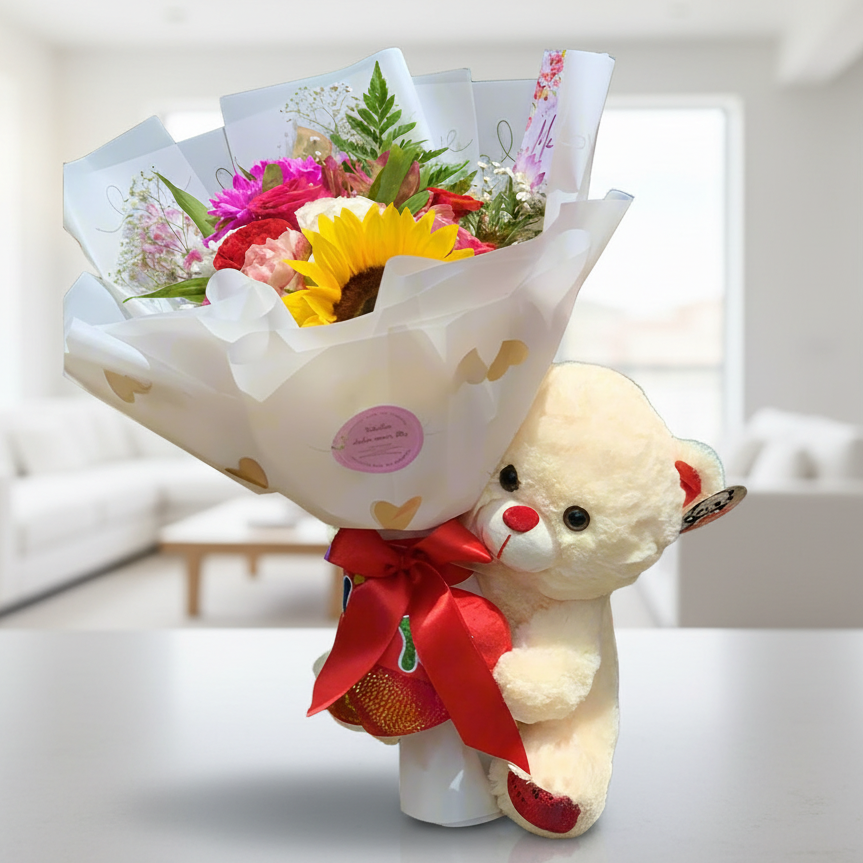 Sunflower and Mixed Flower Bouquet with Large Teddy Bear – Hato Corozal Casanare