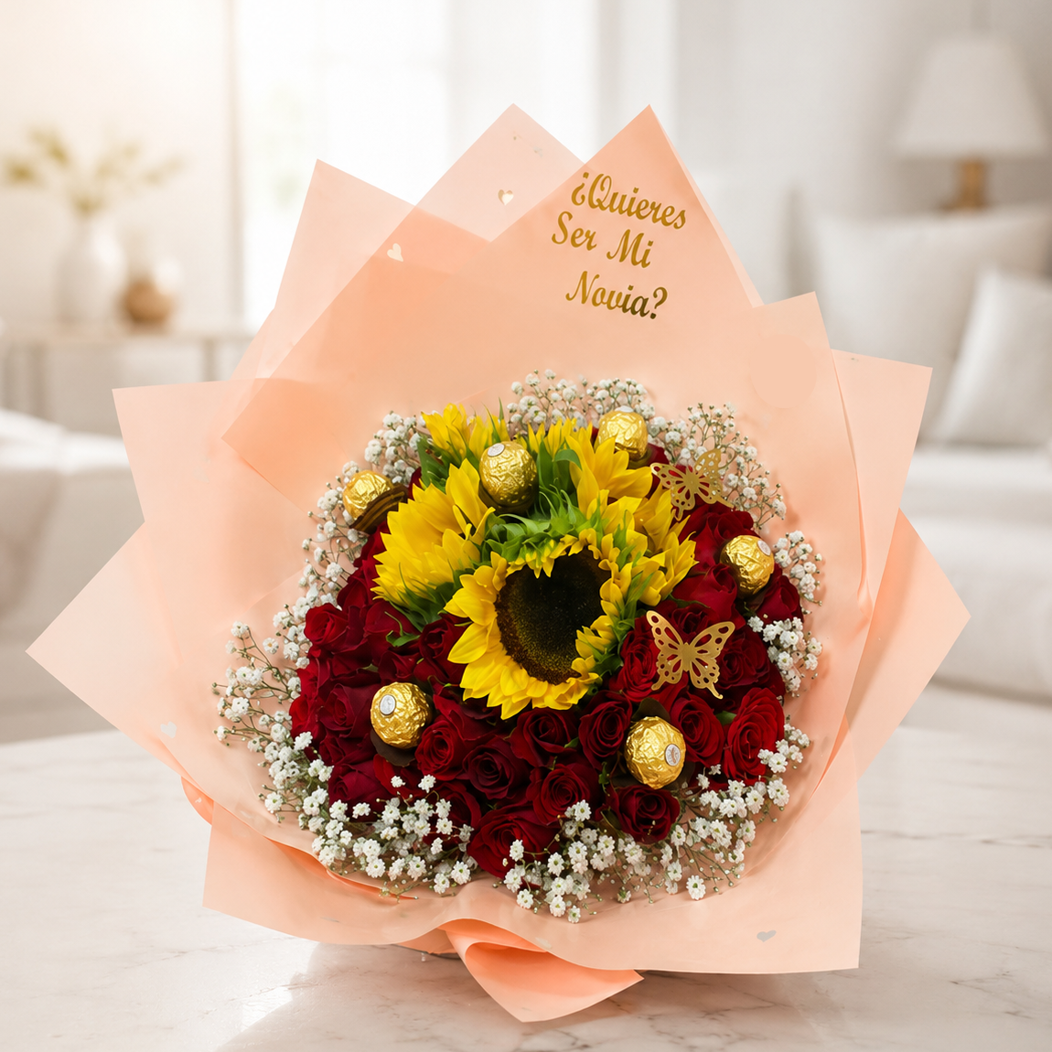 Luxury bouquet with sunflowers, premium red roses, Ferrero Rocher chocolates, and baby's breath wrapped in blush pink paper with a "Will You Be My Girlfriend?" message for same-day flower delivery in Restrepo, Meta.