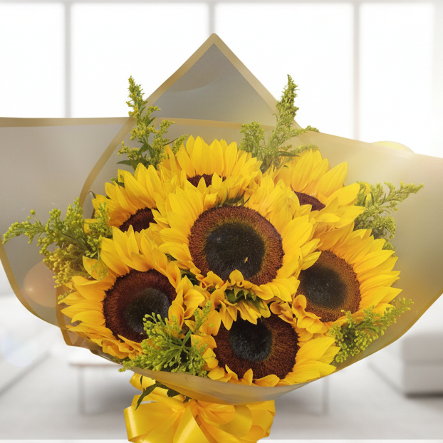 Bright sunflower bouquet with yellow ribbon – Fresh flowers delivery in Acacías, Meta