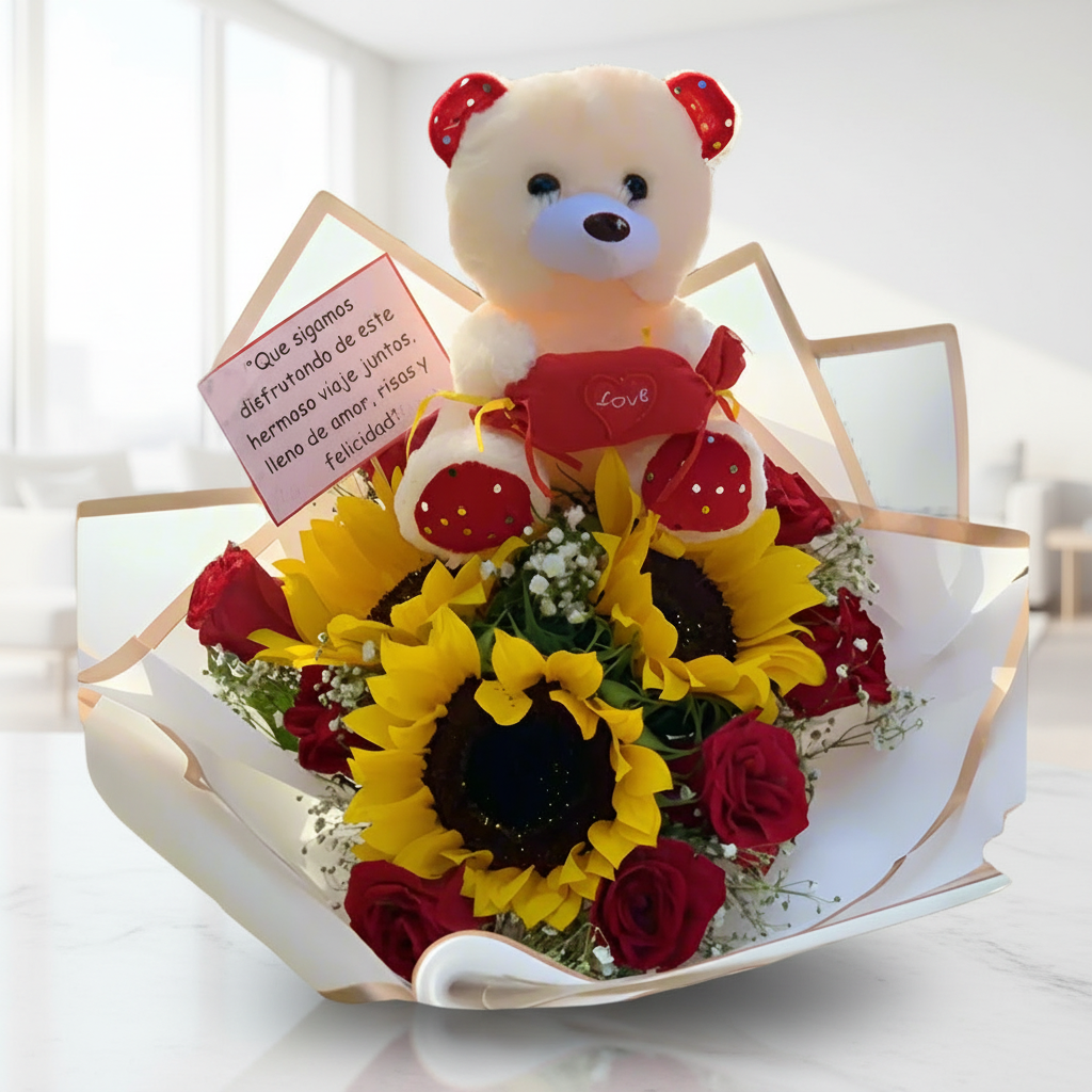 Sunflower and Red Rose Bouquet with Teddy Bear and Card – Hato Corozal Casanare
