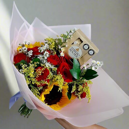 Sunflower and Red Rose Bouquet with Ferrero Chocolates – Hato Corozal Casanare