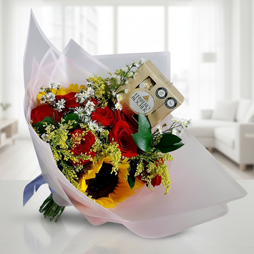 Sunflower and Red Rose Bouquet with Ferrero Chocolates – Hato Corozal Casanare