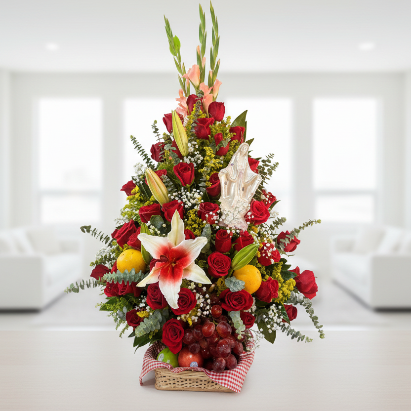 Triangular floral arrangement with Virgin Mary figure, red roses, lilies, seasonal greenery and fresh fruit basket in Bucaramanga