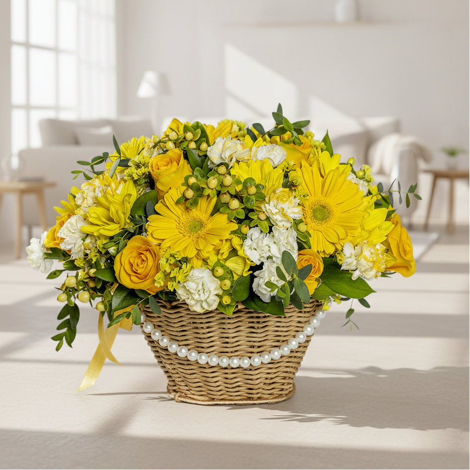 yellow flower basket roses gerberas daisies delivery Medellin Colombia