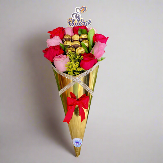 10 Roses & 8 Ferrero Rocher Chocolates – Golden Bouquet for Arboletes Delivery