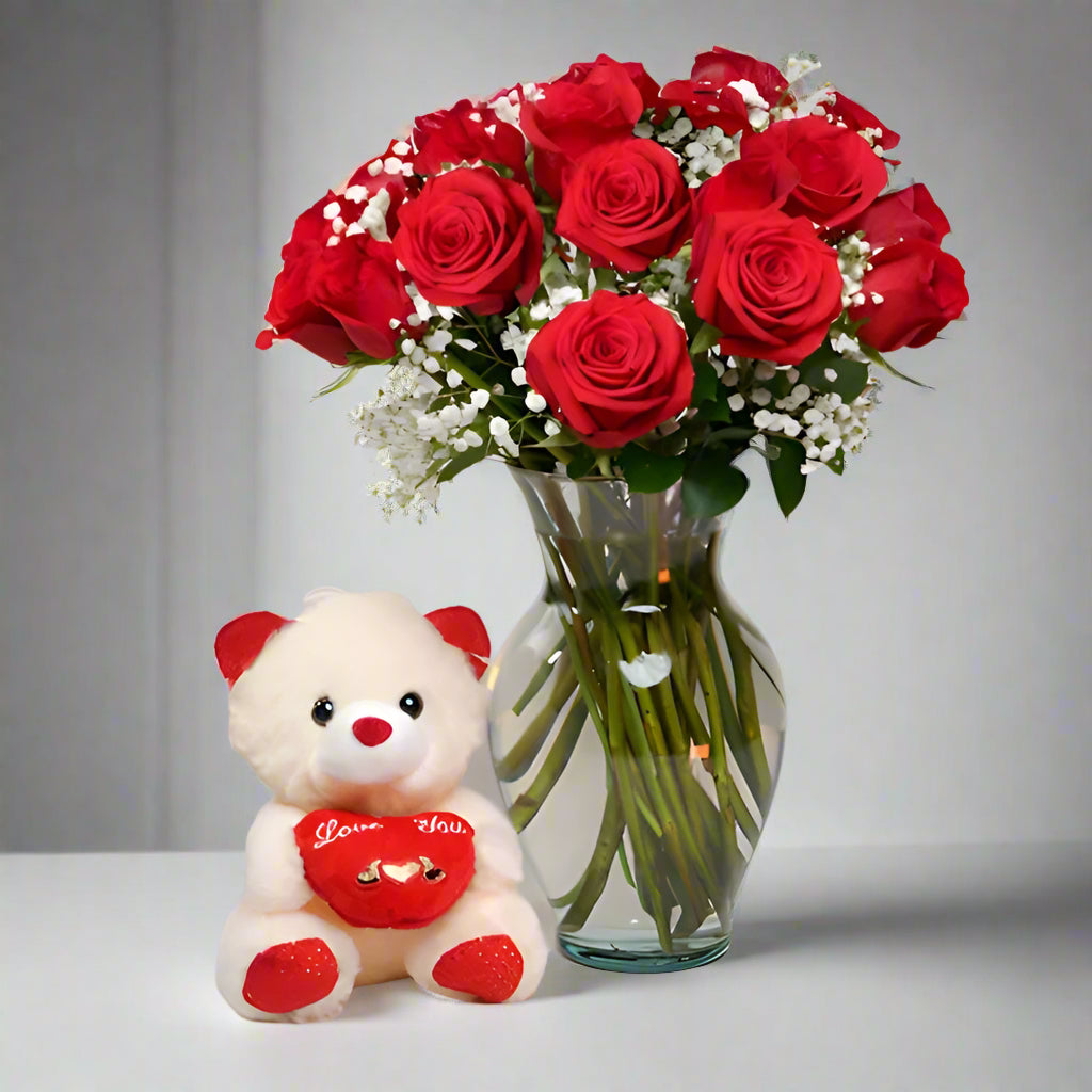 Dozen red roses bouquet with teddy bear
