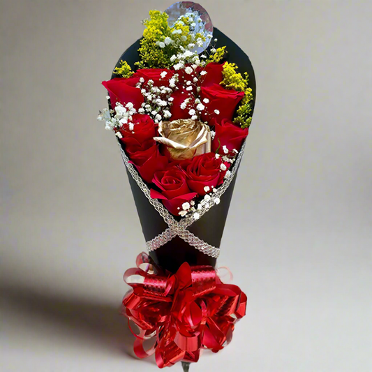 12 Red Roses with a Golden Rose – Elegant Bouquet for Arboletes Delivery