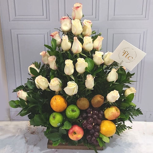 White roses & fruits basket