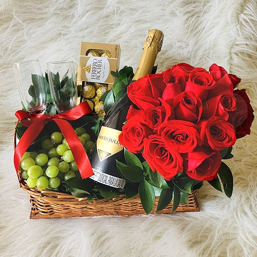 Roses, chanpagne, ferreros & fruits basket