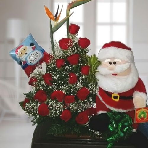 18 red roses in vase with Santa Claus and Christmas balloon