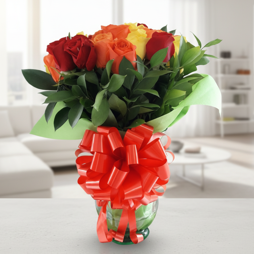 bouquet of 18 mixed color roses in vase for delivery in Cali Colombia
