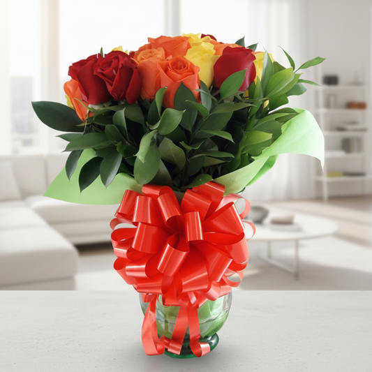 bouquet of 18 mixed color roses in vase for delivery in Cali Colombia