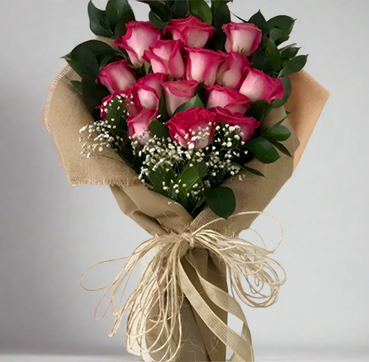Bouquet of 18 Pink Roses in Jute Wrap – Hato Corozal Casanare